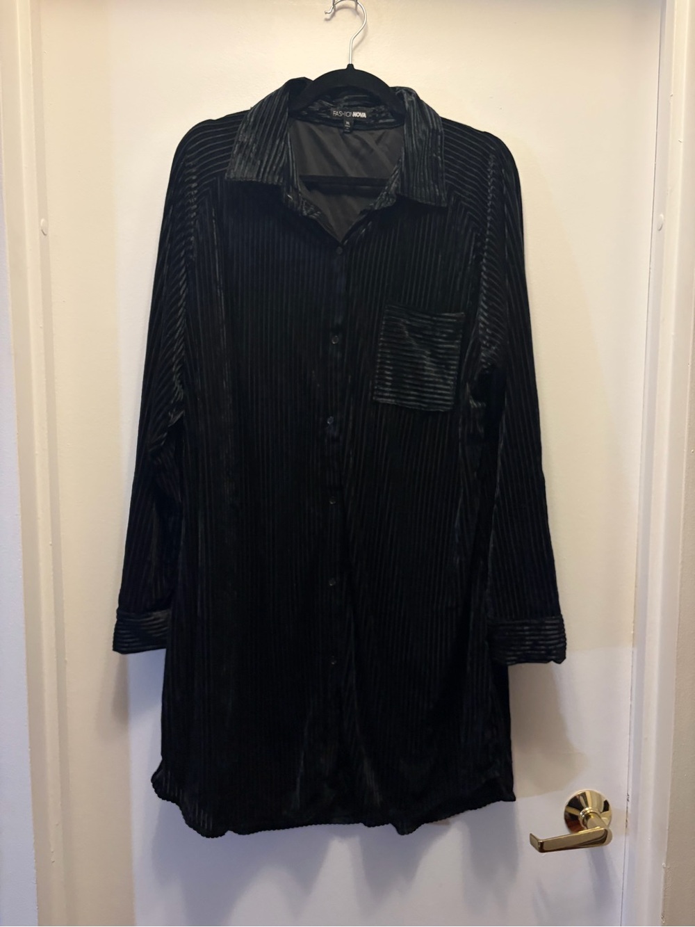 Fashion Nova Black Ribbed Velvet Shirt Dress Women's XL Long Sleeve - Picture 2 of 9